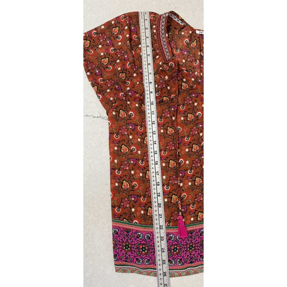 DR2 by Daniel Rainn Boho Floral Tassel Blouse M Short Sleeve Rust Pink Peasant - Picture 9 of 10